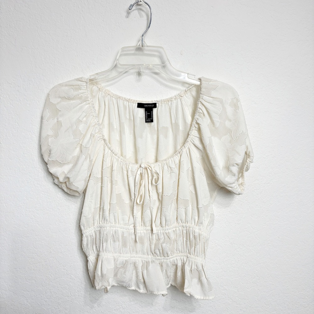 Forever 21 Floral Devoré Smocked Top Ivory Whimsigoth Babydoll Women M